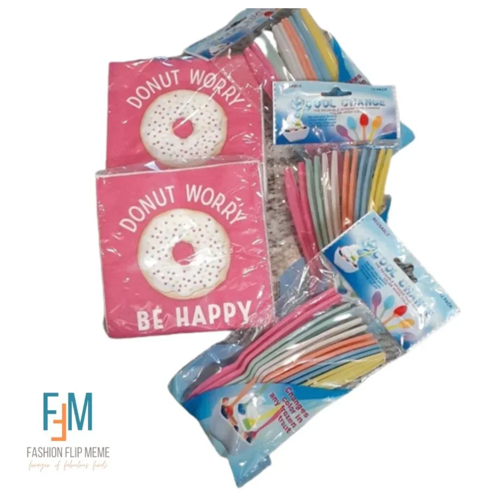 New! Color-Changing Dessert Spoons + Donut Worry Paper Party Napkins Bundle